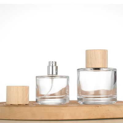 30ml 50ml 100ml Round Frosted Clear Glass Perfume Bottle with Wooden Cap