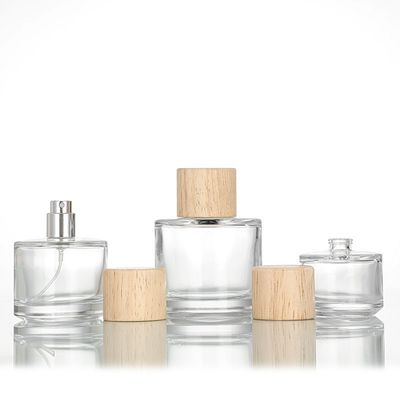 30ml 50ml 100ml Round Frosted Clear Glass Perfume Bottle with Wooden Cap